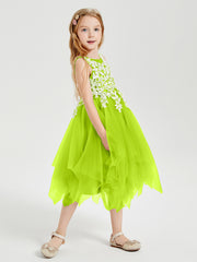 Robes de Demoiselle d'Honneur Junior en Tulle à Longueur de Mollet Vert Citron