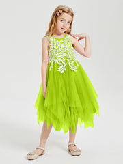 Robes de Demoiselle d'Honneur Junior en Tulle à Longueur de Mollet Vert Citron