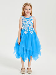 Robes de Demoiselle d'Honneur Junior en Tulle à Longueur de Mollet Bleu Océan