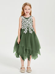 Robes de Demoiselle d'Honneur Junior en Tulle à Longueur de Mollet Olive Verte