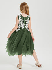 Robes de Demoiselle d'Honneur Junior en Tulle à Longueur de Mollet Olive Verte