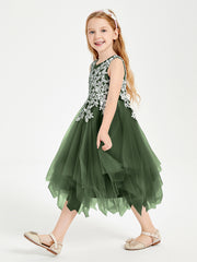 Robes de Demoiselle d'Honneur Junior en Tulle à Longueur de Mollet Olive Verte