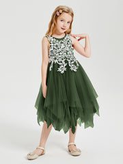Robes de Demoiselle d'Honneur Junior en Tulle à Longueur de Mollet Olive Verte