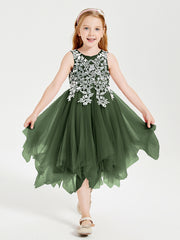 Robes de Demoiselle d'Honneur Junior en Tulle à Longueur de Mollet Olive Verte