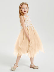 Robes de Demoiselle d'Honneur Junior en Tulle à Longueur de Mollet Pêche