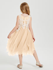 Robes de Demoiselle d'Honneur Junior en Tulle à Longueur de Mollet Pêche