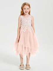 Robes de Demoiselle d'Honneur Junior en Tulle à Longueur de Mollet Rose Perle