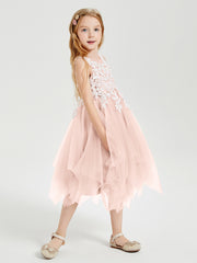Robes de Demoiselle d'Honneur Junior en Tulle à Longueur de Mollet Rose Perle
