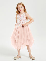 Robes de Demoiselle d'Honneur Junior en Tulle à Longueur de Mollet Rose Perle