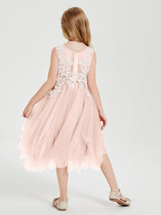 Robes de Demoiselle d'Honneur Junior en Tulle à Longueur de Mollet Rose Perle