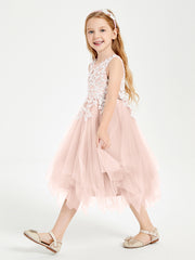 Robes de Demoiselle d'Honneur Junior en Tulle à Longueur de Mollet Rose Perle