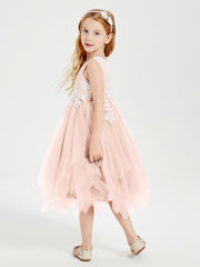 Robes de Demoiselle d'Honneur Junior en Tulle à Longueur de Mollet Rose Perle