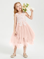 Robes de Demoiselle d'Honneur Junior en Tulle à Longueur de Mollet Rose Perle