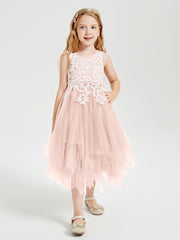 Robes de Demoiselle d'Honneur Junior en Tulle à Longueur de Mollet Rose Perle