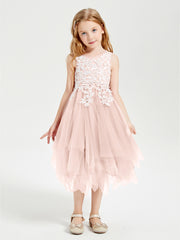Robes de Demoiselle d'Honneur Junior en Tulle à Longueur de Mollet Rose Perle