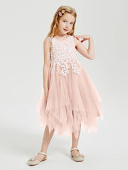 Robes de Demoiselle d'Honneur Junior en Tulle à Longueur de Mollet Rose Perle
