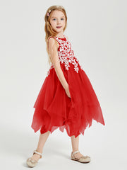 Robes de Demoiselle d'Honneur Junior en Tulle à Longueur de Mollet Rouge