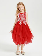 Robes de Demoiselle d'Honneur Junior en Tulle à Longueur de Mollet Rouge