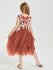 Robes de Demoiselle d'Honneur Junior en Tulle à Longueur de Mollet Rouille