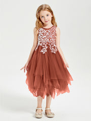 Robes de Demoiselle d'Honneur Junior en Tulle à Longueur de Mollet Rouille