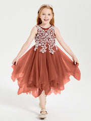 Robes de Demoiselle d'Honneur Junior en Tulle à Longueur de Mollet Rouille