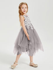 Robes de Demoiselle d'Honneur Junior en Tulle à Longueur de Mollet Argent