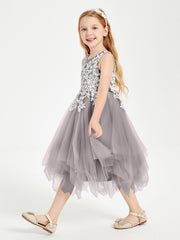 Robes de Demoiselle d'Honneur Junior en Tulle à Longueur de Mollet Argent