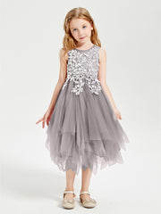 Robes de Demoiselle d'Honneur Junior en Tulle à Longueur de Mollet Argent