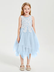 Robes de Demoiselle d'Honneur Junior en Tulle à Longueur de Mollet Bleu Ciel