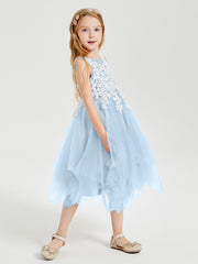 Robes de Demoiselle d'Honneur Junior en Tulle à Longueur de Mollet Bleu Ciel