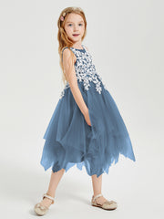 Robes de Demoiselle d'Honneur Junior en Tulle à Longueur de Mollet Bleu de Schiste