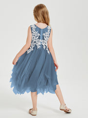Robes de Demoiselle d'Honneur Junior en Tulle à Longueur de Mollet Bleu de Schiste