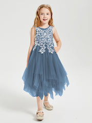 Robes de Demoiselle d'Honneur Junior en Tulle à Longueur de Mollet Bleu de Schiste