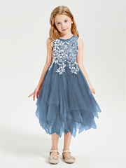 Robes de Demoiselle d'Honneur Junior en Tulle à Longueur de Mollet Bleu de Schiste