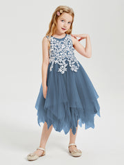 Robes de Demoiselle d'Honneur Junior en Tulle à Longueur de Mollet Bleu de Schiste