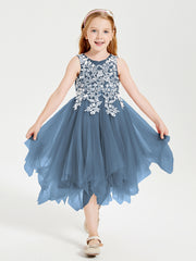 Robes de Demoiselle d'Honneur Junior en Tulle à Longueur de Mollet Bleu de Schiste