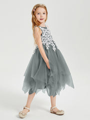 Robes de Demoiselle d'Honneur Junior en Tulle à Longueur de Mollet Gris Acier