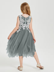 Robes de Demoiselle d'Honneur Junior en Tulle à Longueur de Mollet Gris Acier