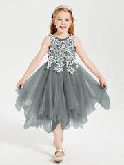 Robes de Demoiselle d'Honneur Junior en Tulle à Longueur de Mollet Gris Acier