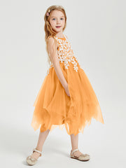 Robes de Demoiselle d'Honneur Junior en Tulle à Longueur de Mollet Mandarine