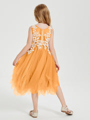 Robes de Demoiselle d'Honneur Junior en Tulle à Longueur de Mollet Mandarine