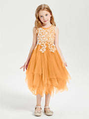 Robes de Demoiselle d'Honneur Junior en Tulle à Longueur de Mollet Mandarine