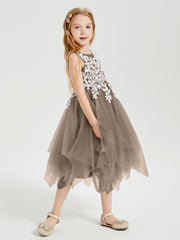 Robes de Demoiselle d'Honneur Junior en Tulle à Longueur de Mollet Taupe