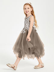 Robes de Demoiselle d'Honneur Junior en Tulle à Longueur de Mollet Taupe