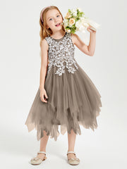 Robes de Demoiselle d'Honneur Junior en Tulle à Longueur de Mollet Taupe