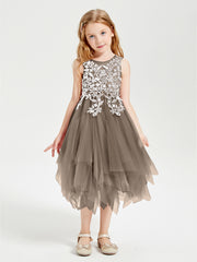 Robes de Demoiselle d'Honneur Junior en Tulle à Longueur de Mollet Taupe