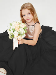 Robe Longue de Demoiselle d'Honneur Junior avec Haut en Paillettes et Jupe en Tulle Noir