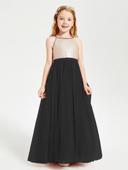 Robe Longue de Demoiselle d'Honneur Junior avec Haut en Paillettes et Jupe en Tulle Noir