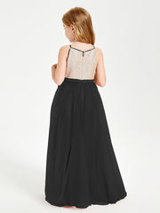 Robe Longue de Demoiselle d'Honneur Junior avec Haut en Paillettes et Jupe en Tulle Noir