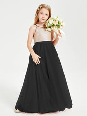 Robe Longue de Demoiselle d'Honneur Junior avec Haut en Paillettes et Jupe en Tulle Noir